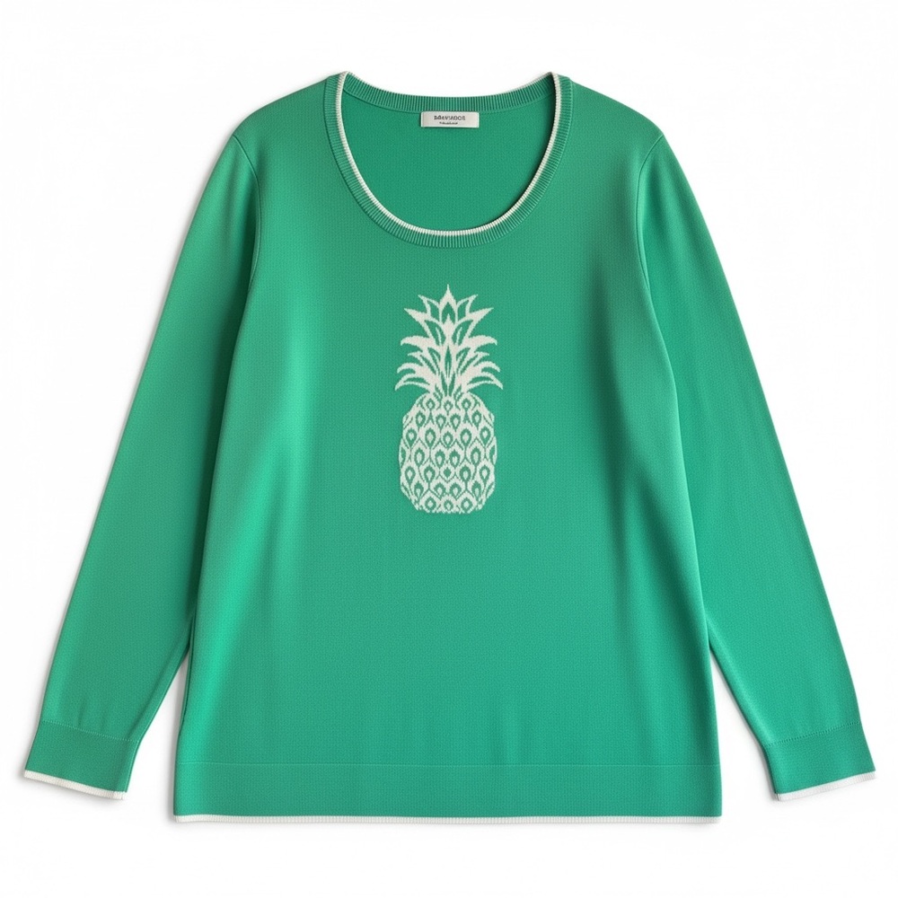 Crown & Ivy 2X Pineapple Sweater Green White 100% Cotton Lightweight